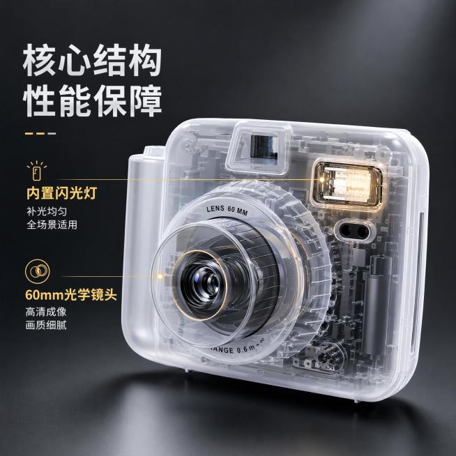 [主图-3] 一次成像照相机核心结构展示页，突出闪光灯与镜头结构。氛围风格：精密科技质感，透明透视结构展示。画质：超高清商业精修，结构清晰，材质真实。元素：整体居中展示一次成像照相机，采用半透明透视效预览效果