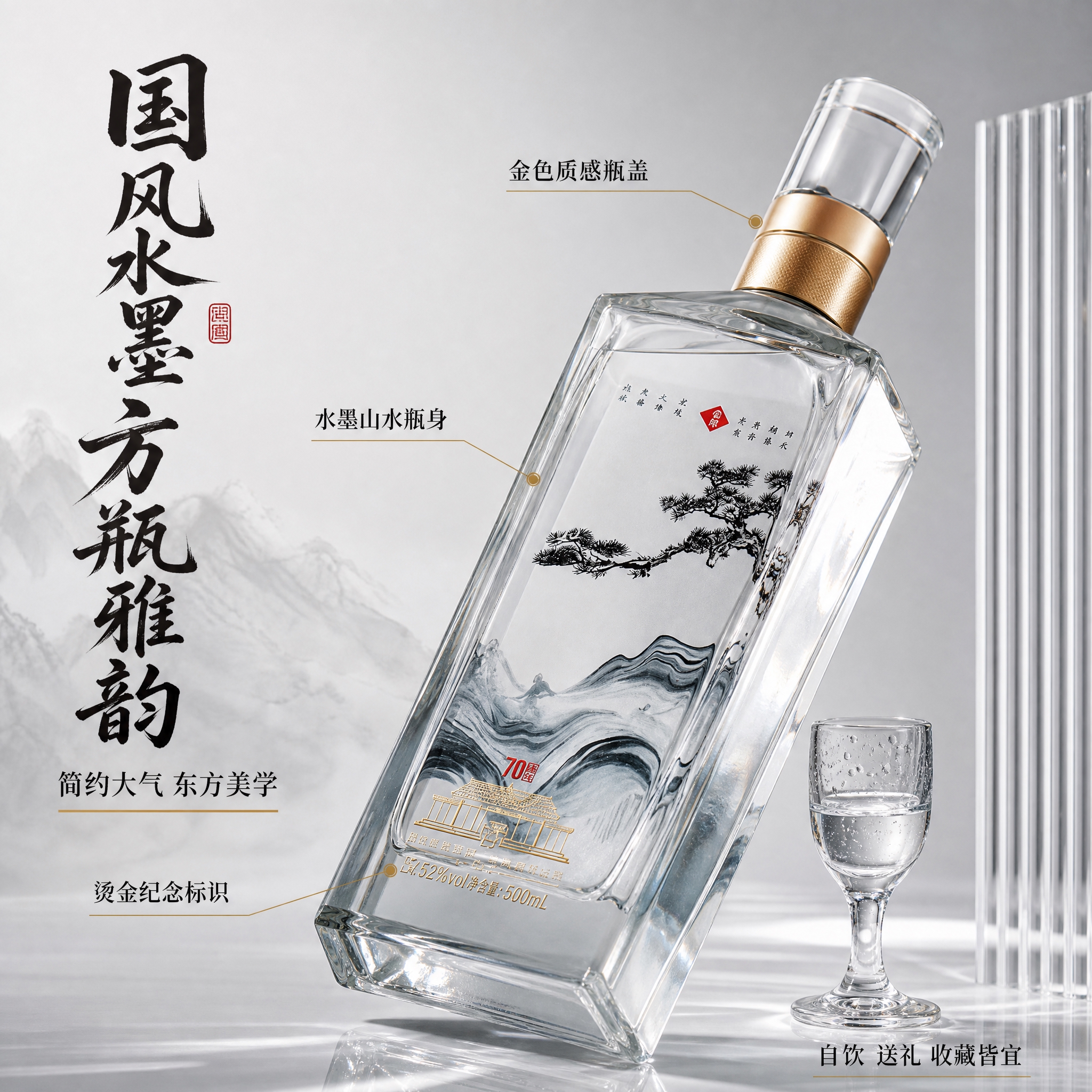 [主图-3] 主题：国风水墨方瓶外观细节展示，突出瓶身设计美学… - 图片创意预览