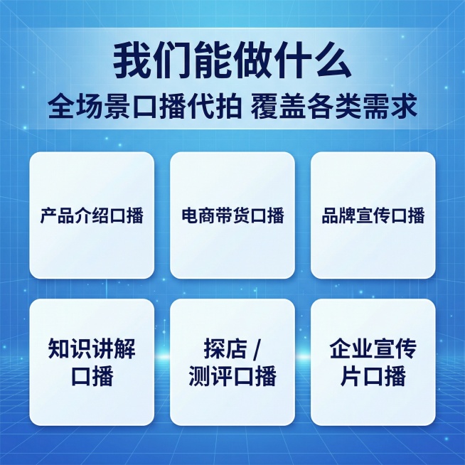 [主图 2] 全场景口播代拍服务内容展示
[氛围/风格] 专业商务科技风，清爽明亮，和主图风格统一
[画面元素] 蓝色科技渐层背景，低对比细网格+微光点粒子作底。上方放置大标题，下方排列2行3列共6张预览效果