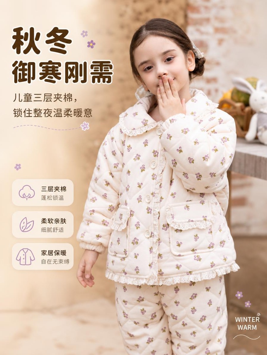 [商品] 使用【图1】女童奶白底紫色小碎花三层夹棉家居服套装近… - 图片创意预览