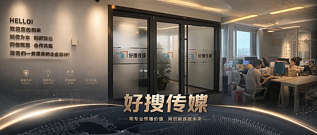基于提供的三张公司实景照片（玻璃门logo、企业文化墙、办公区员工工作场景），设计一张专业大气的企业官网banner图。将三张图的元素融合为一张宽屏横幅构图，采用现代商务风格，色调统一为高级灰与暖光搭配，画面干净整洁有质感，突出企业形象与办公氛围，适合作为官网首页顶部banner使用。保留"好搜传媒"品牌识别感，体现"诚信为本、创新致远、利他赋能、合作共赢"的企业精神，整体视觉专业、高端、有科技感。