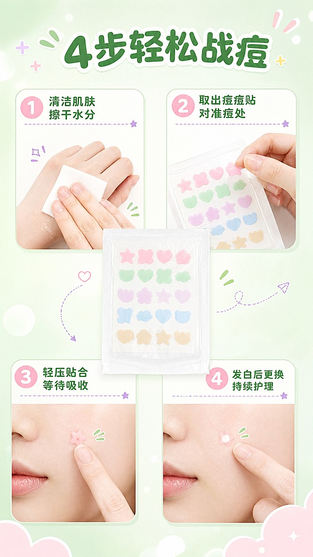 [商品] 使用【图2】多彩形状痘痘贴内袋；保留产品原貌，展示取用和贴敷动作。
[画面] 目标：4步使用方法清晰演示。构图：上下分栏，上半部分2步（清洁+取出），下半部分2步（贴敷+更换）；每步配手部动作小图+文字说明。中央有产品包装袋作为视觉锚点。主体占画面约50%，前景为步骤编号卡片，中景为手部动作图，后景为浅薄荷绿渐变背景。阅读动线按顺时针Z字形。
[视觉] 套系策略：风格=马卡龙清新少女风商业摄影；标题字=圆润可爱粗体字；正文字=简洁圆润无衬线体；主色=薄荷绿+樱花粉；背景延展=基于薄荷绿和樱花粉做渐变柔雾、同色系深浅层次、细腻磨砂质感；强调色=淡紫色，仅用于小面积图标、引线和标签装饰；标题色=深抹茶绿；正文色=暖灰棕；组件=圆角胶囊信息卡、虚线引线、可爱图标；光影=左前侧柔和漫射光，整体明亮通透。
[文字] 顶部主标题"4步轻松战痘"；4个步骤分别为："① 清洁肌肤 擦干水分"、"② 取出痘痘贴 对准痘处"、"③ 轻压贴合 等待吸收"、"④ 发白后更换 持续护理"；每步配圆形编号和简短说明，文字全部横排。
[规格] 图片比例9:16竖版，4K，避免变形、错字、文字过小、医疗化操作指导。