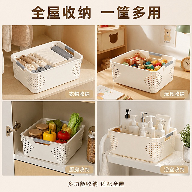 [主图-4] 收纳筐多场景适用宫格图，展示全屋多功能收纳。
[氛围风格] 温暖家居自然光，整洁有序，生活方式感，商业摄影质感。
[画质] 超高清商业摄影质感，光线柔和通透，产品清晰真实。
[元素] 画面采用四宫格布局，每格展示收纳筐在不同家居场景中的使用状态：左上格-卧室衣柜层板上，收纳筐内整齐叠放的衣物袜子；右上格-儿童房书桌旁，收纳筐装满玩具积木；左下格-厨房橱柜内，收纳筐盛放蔬菜水果或调料瓶，表现可沥水；右下格-浴室置物架上，收纳筐放洗浴用品。每个场景中收纳筐均为米白色镂空款，摆放自然融入环境。**保持每个场景中的收纳筐外观（即物理结构、材质质感、颜色、镂空孔洞形状、双侧灰色防滑提手）与输入产品图完全一致，杜绝任何变形和色差，精细化处理。场景图允许光影随当前场景调整以融入环境。**每格产品占比约50%。
[光影] 每个场景均为柔和自然光，温暖明亮，整体风格统一。
[配色] 主色米白+原木色+浅灰；辅色暖米色背景；强调色深棕色文字。
[视角构图] 四宫格均等分布，每格独立场景，视角各有不同，整体构图均衡。
[文字版式] 顶部居中大标题"全屋收纳 一筐多用"，深棕色粗体大号字。每格右下角配小标签文字：左上"衣物收纳"、右上"玩具收纳"、左下"厨房收纳"、右下"浴室收纳"。标签为半透明白字浅米色底圆角矩形。底部小字"多功能收纳 适配全屋"。
[输出要求] 1:1比例，文字清晰可辨，超高清商业摄影质感。
[负向提示词] 变形，文字错乱，产品图模糊，背景杂乱，水印，电商平台Logo，多余的手，畸形手，手指扭曲，人物面部扭曲。