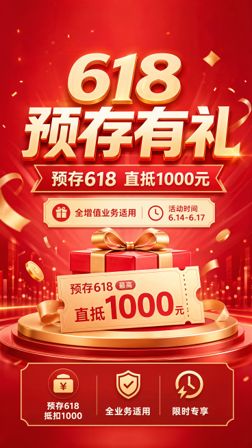 商务促销风格618活动海报，红金配色，营造大促氛围，排版精美，简约大气。画面主标题“618预存有礼”，副标题“预存618 直抵1000元”，装饰文案标注“全增值业务适用 活动时间6.14-6.17”，预览效果
