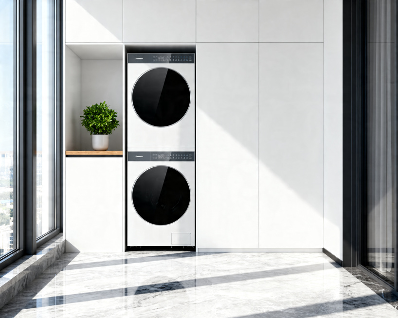 A hyper-realistic interior photography of a modern minimalist balcony. The Panasonic washer and drye预览效果