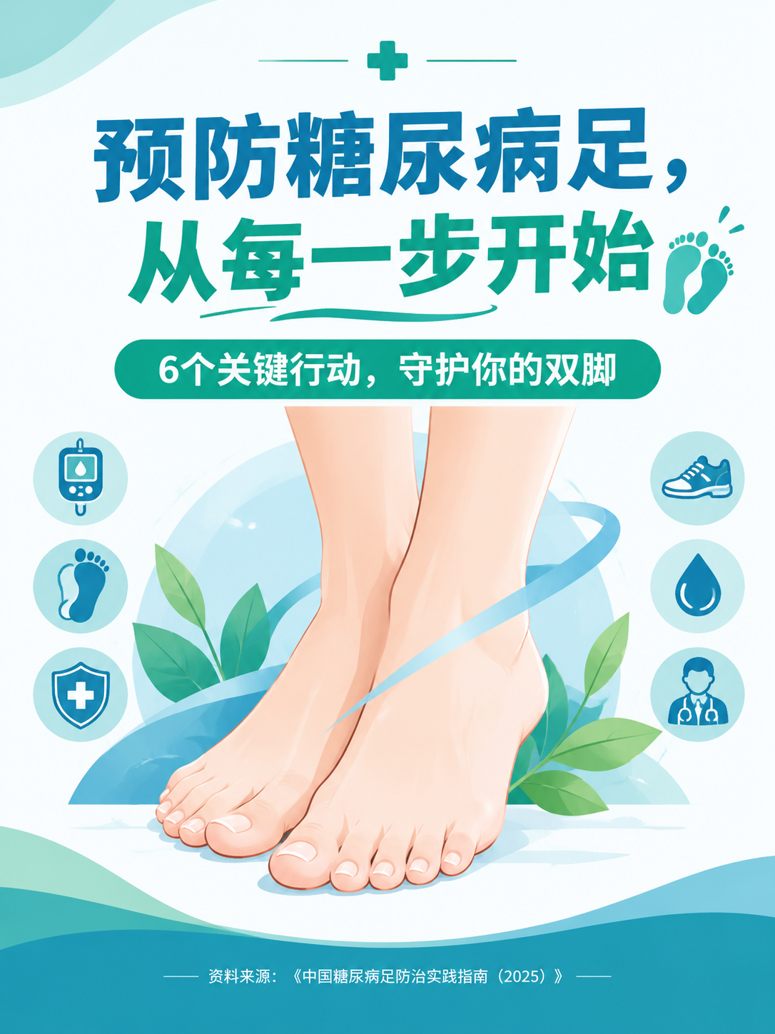 医疗科普海报封面，主标题文字"预防糖尿病足，从每一步开始"，副… - 图片创意预览