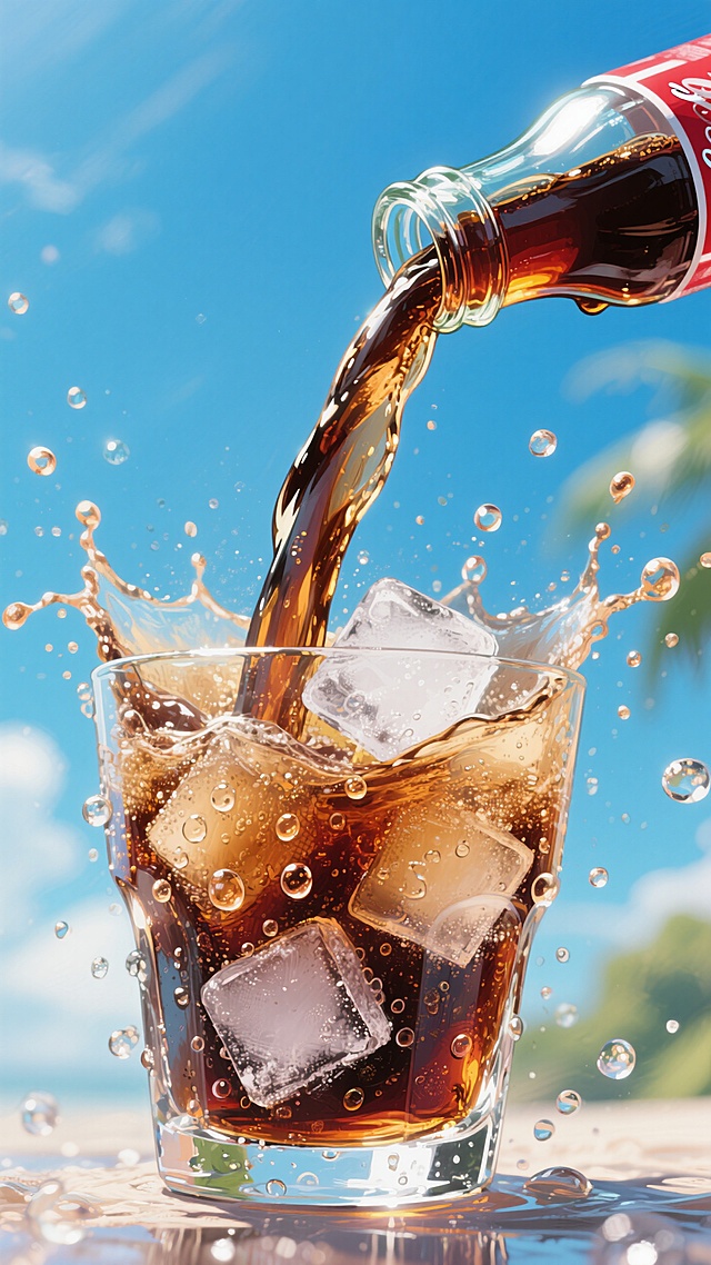 3D重拟物风设计，清凉饮料倾泻入冰块，夏日清爽感扑面而来。