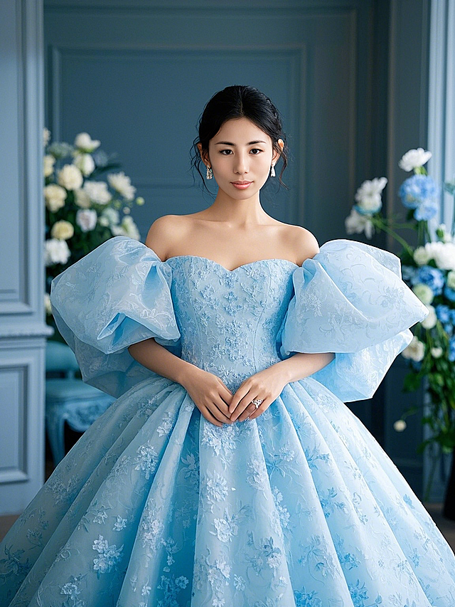 超大淡蓝色花型礼服，脸上化着精致妆容。身后背景是超大花落地花，拖尾，氛围感