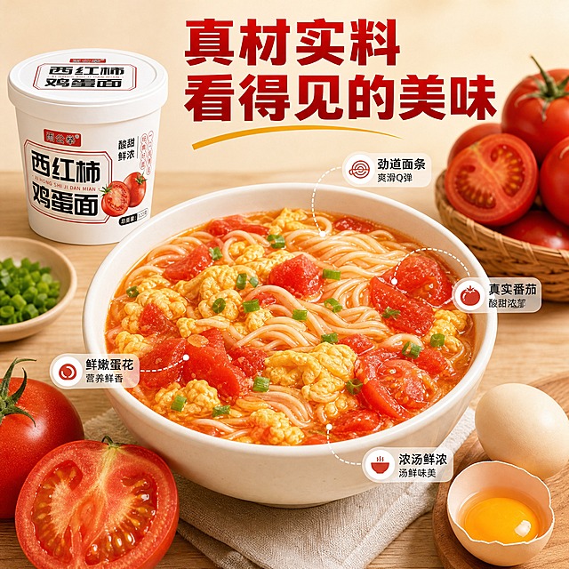 [主图-2] 核心亮点 真材实料主题。
[统一基调] 整体风格为温馨家常食欲感，背景主色为暖红色+浅米色，标题字色为正红色，辅助字色为橙红色，强调色为金黄色，字体样式为粗黑体厚重有力，辅助文案为清爽细黑体，卡片用圆角浅米色半透明底，整体暖调自然光。
[画面] 产品桶装西红柿鸡蛋面位于画面左上方，占比约35%。画面中心是一碗放大的西红柿鸡蛋面特写，用极细的虚线引线指向各个食材部位：引线1指向劲道的面条标注"劲道面条 爽滑Q弹"，引线2指向大块西红柿标注"真实番茄 酸甜浓郁"，引线3指向鸡蛋花标注"鲜嫩蛋花 营养鲜香"，引线4指向红亮汤汁标注"浓汤鲜浓 汤鲜味美"。碗的周围摆放真实的新鲜西红柿、鸡蛋、葱花等原料作为实物佐证，原料新鲜有质感，西红柿切开露出沙瓤。背景为浅米色干净背景，底部有浅木色台面。
[光影质感] 柔和顶光+侧光，突出食材的纹理和质感，西红柿色泽鲜艳，汤汁红亮有光泽，产品桶身光影自然，商业美食摄影质感。
[配色] 浅米色背景+浅木色台面，食材本色呈现，西红柿红色为主色调，文字正红+橙红，整体干净明亮突出食材。
[文字版式] 画面顶部居中主标题粗黑体"真材实料 看得见的美味"，下方用引线标注各食材卖点，引线文字为小号细黑体，配小圆点图标。文字不遮挡碗中面条主体。
[输出要求] 1:1正方形，2048*2048，文字清晰可读，食材细节清晰，产品完整，无变形错字，无水印无平台Logo，画面干净专业。