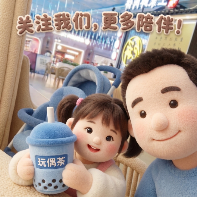 将图中的父女和奶茶场景转换为玩偶风格，所有形象都变成可爱毛绒玩偶样式，保留原构图，生成1:1比例适合视频号结尾的关注图预览效果