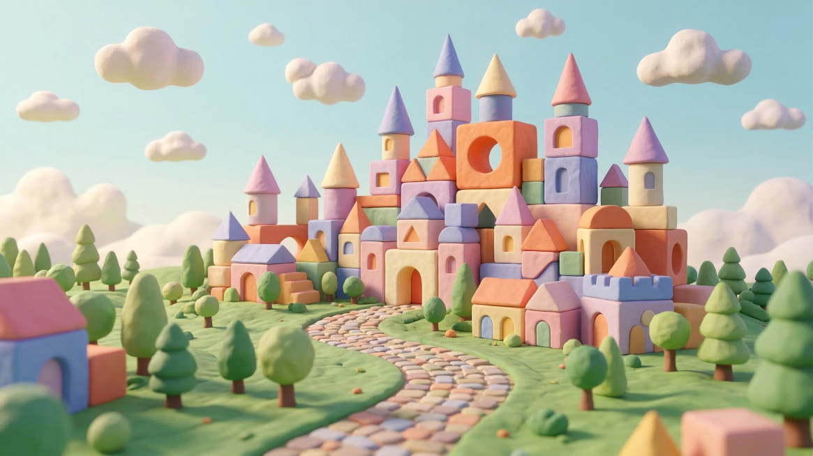 3D粘土风格的童话积木世界，马卡龙彩色积木拼搭成城堡和房屋，绿色草地搭配粘土小树，鹅卵石弯曲小路，蓝天粘土云朵，柔和光影，温馨治愈，童趣梦幻场景预览效果