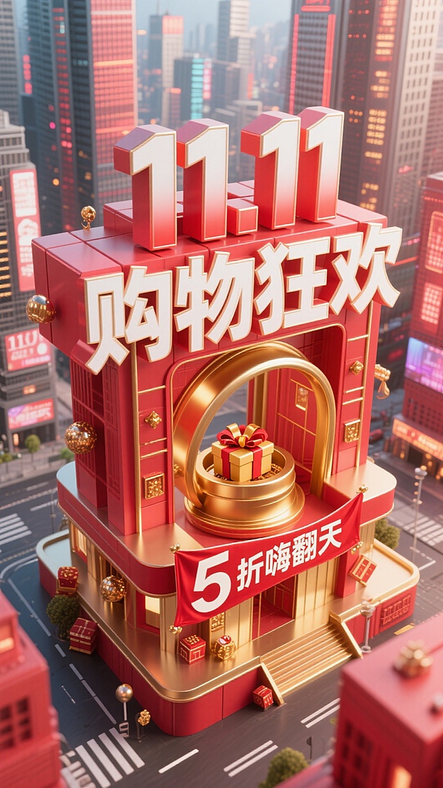 以红色为主色调，前景是立体字组成的醒目建筑， “11.11购物狂欢” 立体大字（白与红色渐变，配金色装饰）及下方 “5 折嗨翻天” 红色横幅；中间有金色圆形装置（内有礼物）；背景是繁华都市