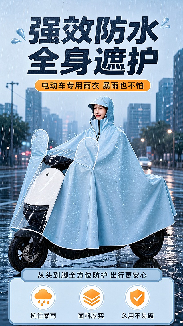 [商品] 使用【图1】浅蓝色电动车带袖雨衣；保留连帽设计、拉链领口、透明后视镜套、加长下摆、整体版型和浅蓝色面料；自然理顺衣身褶皱，增强面料纹理、拉链、缝线和帽檐质感，不改变产品结构和颜色。
[画面] 页面目标：海报头图，突出强效防水全身遮护核心卖点；构图：上中下结构，上方大标题区，中部模特骑电动车穿雨衣正面主视觉（产品占画面60%），下方副标题+3个核心卖点图标；背景：暴雨天气城市街道场景，雨丝清晰可见，雨衣表面水珠滚落，营造真实防雨氛围；阅读动线：从上到下，先抓眼球再看产品再看卖点。
[视觉] 套系策略：风格=拼多多接地气商业摄影风，高信息密度大字报；标题字=粗黑黑体，厚重醒目；正文字=常规黑体，清晰可读；主色=清新浅蓝（雨衣本色）；背景延展=基于浅蓝做深浅渐变、雨天城市街景同色系延展；强调色=亮橙黄色，仅用于小面积标签、图标、价格标和重点高亮；标题色=深灰蓝；正文色=深灰；组件=圆角信息卡、粗线引线、橙黄色标签框；光影=正面柔光+雨天环境漫反射，雨衣轮廓清晰。
[文字] 顶部主标题"强效防水 全身遮护"，副标题"电动车专用雨衣 暴雨也不怕"，下方3个卖点图标+文字："抗住暴雨""面料厚实""久用不易破"；文字全部横向排版，不遮挡雨衣主体和模特脸部。
[规格] 图片比例9:16竖版，4K，拼多多风格，避免变形、错字、文字过小、颜色改变、版型失真、极限词、平台Logo。