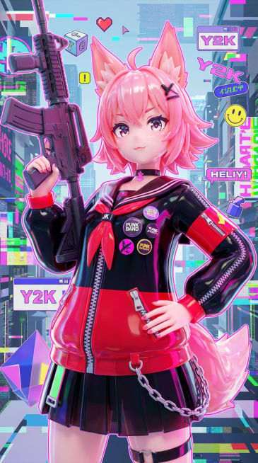 游戏绝区零人物全身立绘，二次元动漫风格，一位活力满满的少女。粉色短发，头上有狐狸耳朵，发梢自然垂坠，脸部是典型二次元萌系五官，大眼睛、小嘴巴，表情带点俏皮。不良少女姿态，一只手叉腰，另一只手失手拿突击预览效果