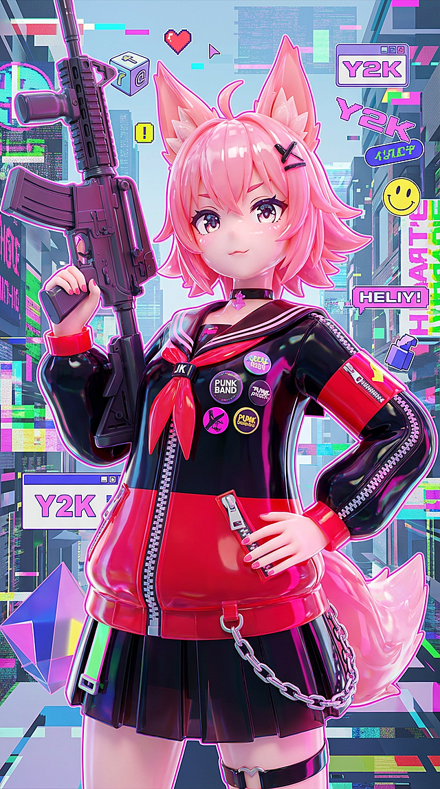 Y2K风赛博朋克少女，粉色狐耳萌系造型搭配未来感机甲枪械，霓虹灯与故障艺术元素交织，卡通感与科技感碰撞，酷炫潮流中透出可爱反差。