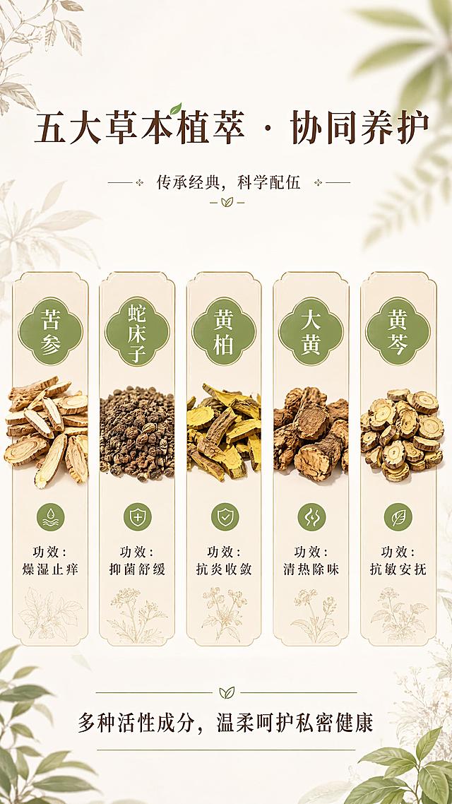 [第2屏] 核心成分展示页-药王百草堂女性私护抑菌液五大草本植萃介绍。本屏不需要商品主体，专注展示成分信息。
[氛围/风格] 专业草本科普风格，浅色干净背景，清晰通透，自然清新。
[元素布局] 标题区在上部，中部放置五组成分卡片，苦参、蛇床子、黄柏、大黄、黄芩采用横向排列布局，每个卡片包含成分干品示意图和对应功效文字；底部放置点睛文案；成分元素放大清晰呈现，占主画面区域。
[光影质感] 均匀柔光照明，卡片清晰有层次，成分实物细节锐利。
[配色色系] 全局底色 #F8F5F0；主色浅米色卡片；辅助色深棕文字、浅绿标签。
[视角构图] 全屏图文排版，从上到下信息层级清晰，阅读流畅。
[文字版式] 顶部主标题五大草本植萃 · 协同养护，副标题传承经典，科学配伍；每个成分卡片标注名称+功效：苦参→燥湿止痒、蛇床子→抑菌舒缓、黄柏→抗炎收敛、大黄→清热除味、黄芩→抗敏安抚；底部点睛文字：多种活性成分，温柔呵护私密健康；文字大小适中，清晰可读。
[比例分辨率] 9:16 竖版比例，4K分辨率，文字清晰可辨，高清画质。
[负向提示词] 元素过小，文字错乱，背景杂乱，低俗，水印，文字模糊