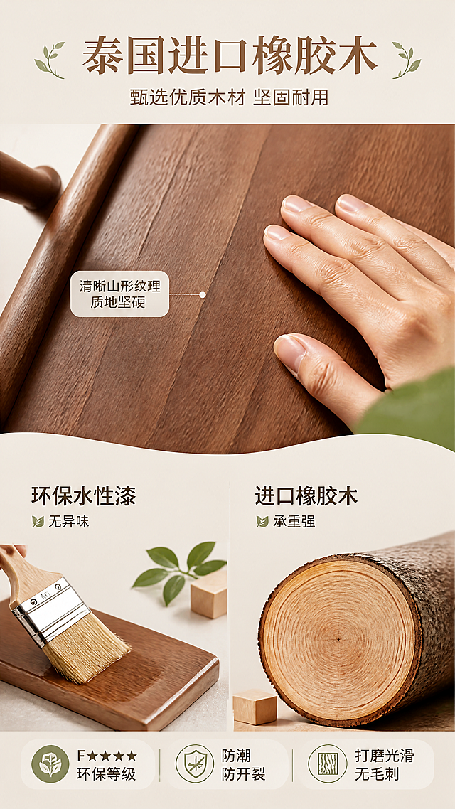 [第3张] 详情页材质解析页-泰国进口橡胶木+环保水性漆。本张使用【图1】作为商品主体，截取木材纹理局部特写，保持胡桃木色与木纹质感一致。
[氛围/风格] 自然原木质感，材质微距特写，真实可信，商业摄影质感。
[元素布局] 上半部分为木材纹理微距特写（手轻轻触摸木纹），展示橡胶木清晰山形纹理与细腻质感；下半部分左侧为环保水性漆涂刷示意（漆刷+木片），右侧为木材横截面展示；背景为浅米色，点缀绿叶、原木小方块装饰。
[光影质感] 侧上方柔光打亮木纹肌理，形成明暗层次，木纹凹凸质感清晰，手部光影自然，整体温暖真实。
[配色色系] 全局底色 #F5EFE6（米杏色）；主色胡桃木棕 #8B5A2B；辅助色墨绿点缀、米白文字。
[视角构图] 上特写下说明，微距视角突出材质细节，阅读动线顶部标题→中部木纹特写→底部双材质说明。
[文字版式] 顶部居中主标题「泰国进口橡胶木」，副标题「甄选优质木材 坚固耐用」；木纹特写旁标注「清晰山形纹理 质地坚硬」；下半部分左右两栏分别标注「环保水性漆 无异味」「进口橡胶木 承重强」；底部3个品质标签「F★★★★环保等级」「防潮防开裂」「打磨光滑无毛刺」。
[比例分辨率] 9:16竖版比例，4K分辨率，文字清晰可辨，高清画质。
[负向提示词] 木纹模糊，颜色偏差，水印，文字错乱，文字过小，手部变形，背景杂乱。