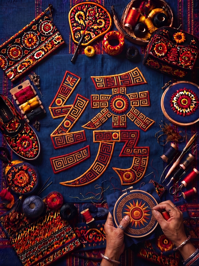 右下角的手放大一些，其他不动，右下角手里绣的图案变成一个大的太阳纹，外面一圈回字纹