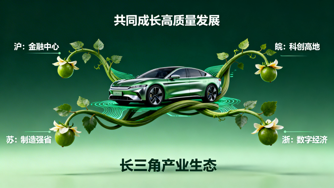 藤蔓生长设计，四条藤蔓从不同方向生长，每条藤蔓对应沪皖苏浙一个省份，标注对应产业定位，四条藤蔓共同缠绕支撑中心的新能源汽车，最终开花结果，象征四地共生共荣共同成长，绿色科技风，保留标题共同成长高质量发预览效果