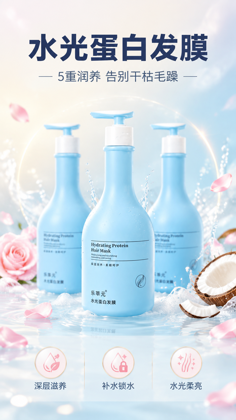 [商品] 使用【图3】三瓶浅蓝色乐萃元水光蛋白发膜，三角构图前… - 图片创意预览
