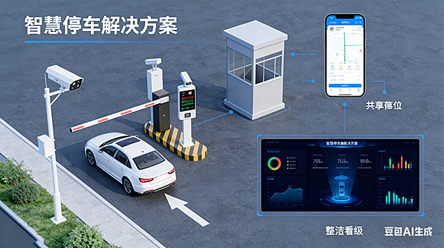 重新生成智慧停车解决方案宣传图，突出新增车位共享预约模块，手机端界面显示预约共享车位的操作流程，保留智能道闸、监控摄像头、无人值守岗亭和数据看板，整体风格更具科技感和设计感，画面整洁高级，顶部保留大标题"智慧停车解决方案"