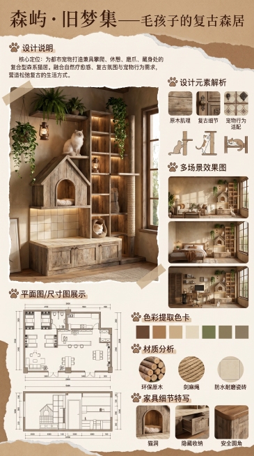 设计一张竖版宠物家具设计展板，比例9:16，主题为“森屿·旧梦集——毛孩子的复古森居”，整体风格为美式乡村复古+轻侘寂森系，色调以暖棕、米白、浅木色为主，搭配低饱和大地色系，营造自然疗愈、松弛复古的氛预览效果