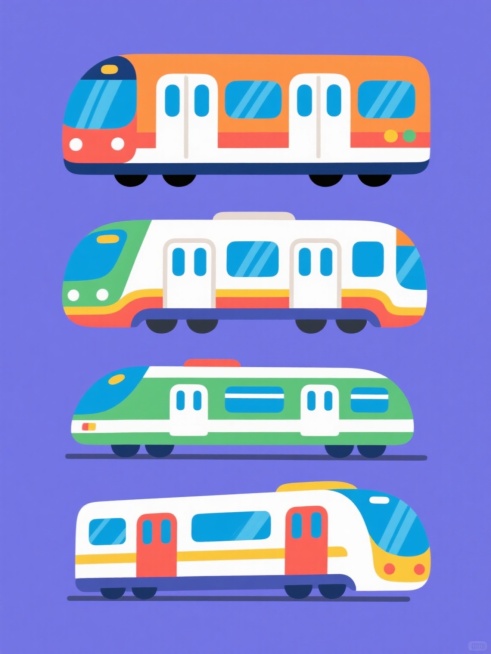 四个不同样式、不同配色、不同外观的地铁列车，采用明亮卡通风格，圆润流畅的线条，简洁的造型，每个地铁都有独特的颜色搭配和设计细节，排列整齐地置于纯色背景上，整体画面色彩明快，充满童趣和现代感，视觉效果简洁大方，适合作为儿童读物插图或卡通主题设计素材。预览效果