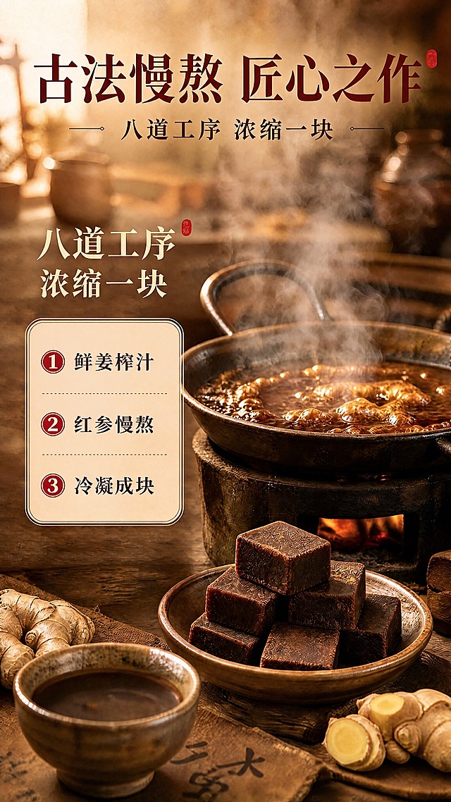基于原图修改：去掉左侧工序卡片中重复的第2条「鲜姜榨汁」，保留第1条鲜姜榨汁、第2条红参慢熬、第3条冷凝成块，三条工序编号依次为①②③，卡片整体布局不变，其余画面元素、背景、光影、文字风格全部保持原样。