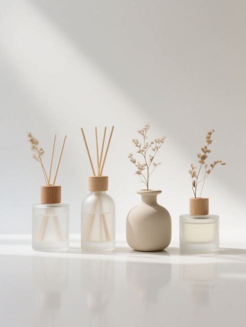 极简主义风格的香薰产品组合，四个不同造型的香薰摆件呈规整网格排布，每个摆件包含透明磨砂玻璃或哑光陶瓷材质的瓶身，搭配原木色扩香棒和自然干燥植物装饰，整体色调以米色、浅木色和透明感为主，柔和自然光从左上方照射形成细腻阴影，高光处有轻微反光，纯色白色背景，无任何文字、logo或水印，强调材质纹理和简约现代的空间感，画面构图平衡对称，物体边缘清晰锐利，呈现出高级感和宁静氛围。预览效果