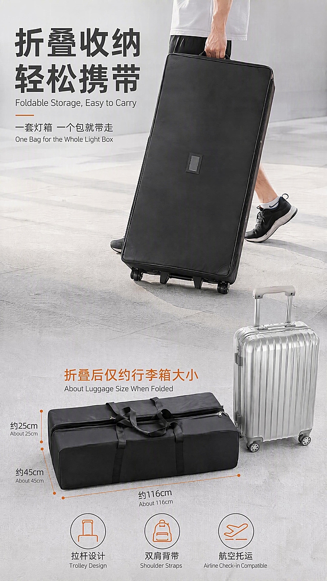 [第6张] 便携收纳-SEG模块化灯箱折叠收纳与运输展示，所有中文文字下方添加小号英文翻译。本张使用【图1】作为参考底图，保留原有收纳包、人物、构图、配色和版式，仅修改文字部分。
[氛围/风格] 便携出行感，浅灰地面背景，与原图风格完全一致。
[元素布局] 保留原图上半部分手提收纳包、下半部分平放收纳包+尺寸对比不变；仅在所有中文文字下方增加英文翻译。
[光影质感] 与原图完全一致，自然光效，柔和侧光，收纳包布料纹理清晰。
[配色色系] 与原图完全一致，全局底色 #ECEEF1 浅灰；主色黑色收纳包+银灰拉杆；辅助色橙色尺寸标注+深灰文字。
[视角构图] 与原图完全一致，上下结构，正面微俯视。
[文字版式] 版式为顶部标题 + 中部手提场景 + 底部平放尺寸对比，每句中文下方加英文翻译。主标题「折叠收纳 轻松携带」下方加「Foldable Storage, Easy to Carry」；副标题「一套灯箱 一个包就带走」下方加「One Bag for the Whole Light Box」；尺寸标注「折叠后仅约行李箱大小 / About Luggage Size When Folded」；底部三图标：「拉杆设计 / Trolley Design」「双肩背带 / Shoulder Straps」「航空托运 / Airline Check-in Compatible」；英文为细体无衬线字体，字号约为中文的60%，深灰色，中文正下方。
[比例分辨率] 9:16 竖版比例，4K分辨率，文字清晰可辨，高清画质。
[负向提示词] 收纳包变形，人物面部清晰，尺寸标注错误，水印，英文拼写错误。