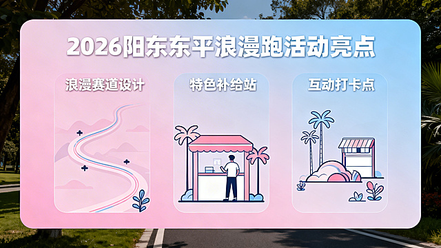 2026阳东东平浪漫跑活动亮点PPT页面，浪漫风格，延续淡粉浅蓝渐变色调，设置3-4个亮点展示模块，搭配浪漫赛道设计、特色补给站、互动打卡点相关的简约插画，排版层次清晰，内容直观易读，适合汇报展示