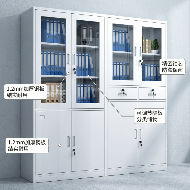 基于用户上传的文件柜产品图进行图生图，保持产品外观一致。生成第二张主图：核心卖点展示，使用引线标注法突出产品三大核心结构：1. 加厚钢制板材（指向柜身，标注“1.2mm加厚钢板 结实耐用”），2. 防预览效果