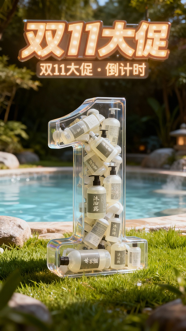 将图中的商品裂变出无数个（商品比例外观一致），通过旋转堆叠的方式填充到“1”数字形状的透明容器中，透明容器被商品填满不留一丝空隙。“1”立在草地上，柔和的光泽纹理，背景是温泉泡池。画面顶部为巨大质感文字灯牌“双11大促·倒计时”。