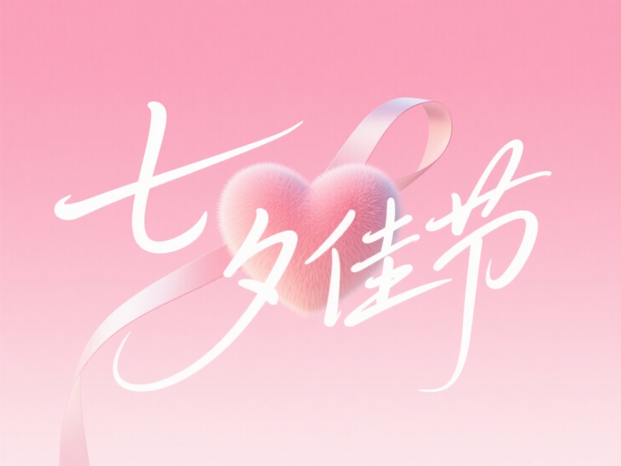 白色文字“七夕佳节”，粉色渐变背景，一颗淡粉渐变绒毛质感的3D立体爱心，丝带穿插画面。预览效果