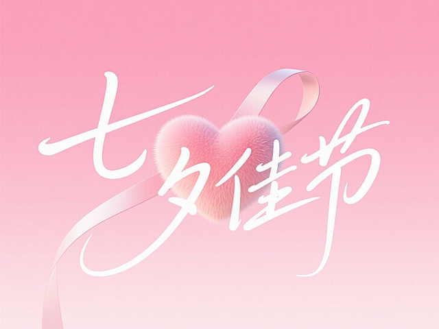 甜美梦幻的七夕佳节，扁平风大字设计，毛发生长风心形点缀，浪漫氛围浓厚。