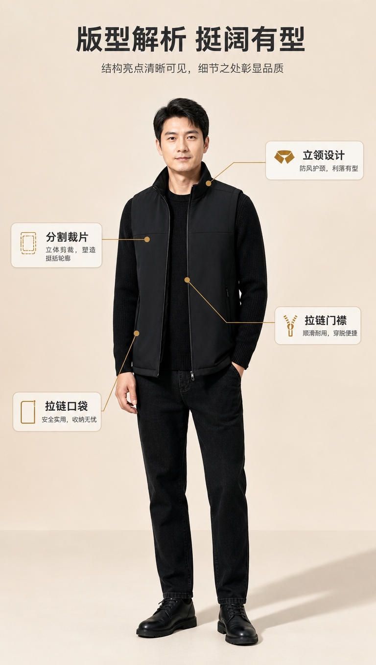 [商品] 使用【图5】黑色马甲；商品处理：保留立领、门襟拉链、… - 图片创意预览