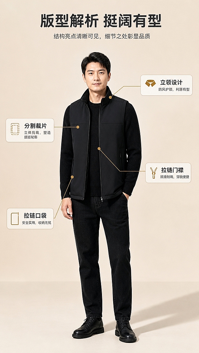 [商品] 使用【图5】黑色马甲；商品处理：保留立领、门襟拉链、侧拉链口袋、分割裁片结构、黑色和锦氨面料质感；自然去皱、理顺垂坠，增强缝线、拉链五金和面料纹理质感，不改变版型和结构。
[画面] 目标：版型解析页，用引线标注展示结构亮点。构图：竖版9:16，中心为黑色马甲男性模特正面全身照（到大腿），马甲敞开穿，内搭黑色毛衣。从马甲关键部位引出细线标签做结构标注。主体占画面60%。背景：浅米色影棚背景，地面有柔和投影。
[视觉] 套系策略：风格=都市商务高级商业摄影；标题字=现代无衬线粗体中文；正文字=简洁无衬线体；主色=焦糖棕+藏青；背景延展=基于暖棕灰做深浅层级、同色渐变和细腻哑光质感；强调色=金棕色，仅用于小面积图标、引线和标签；标题色=深炭灰；正文色=中暖灰；组件=圆角浅底信息卡、细线引线；光影=左前侧暖柔光，柔和阴影。
[文字] 顶部主标题：版型解析 挺阔有型；4处引线标注：立领设计（指向领口）、分割裁片（指向胸部分割线）、拉链门襟（指向中间拉链）、拉链口袋（指向侧口袋）。每个标注配1句体验短句，如立领设计→防风护颈。文字均为横排，不遮挡主体。
[规格] 图片比例9:16竖版，4K分辨率，淘宝/天猫详情页风格，避免变形、错字、文字过小、冷蓝背景、衣服颜色改变、版型失真、极限词。