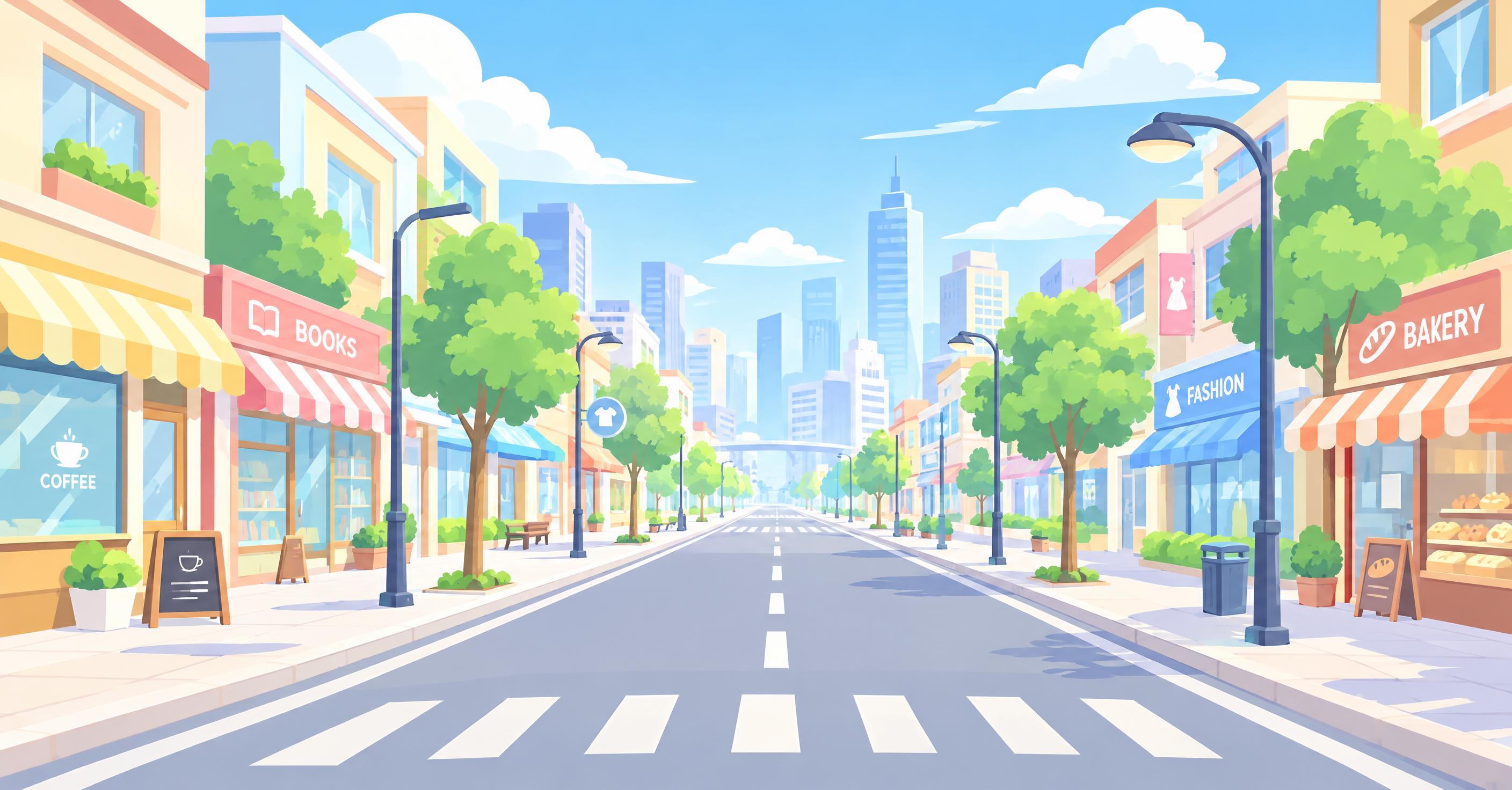参考图中的卡通扁平插画风格，将场景替换为城市大街街道，保持相同… - 图片创意预览