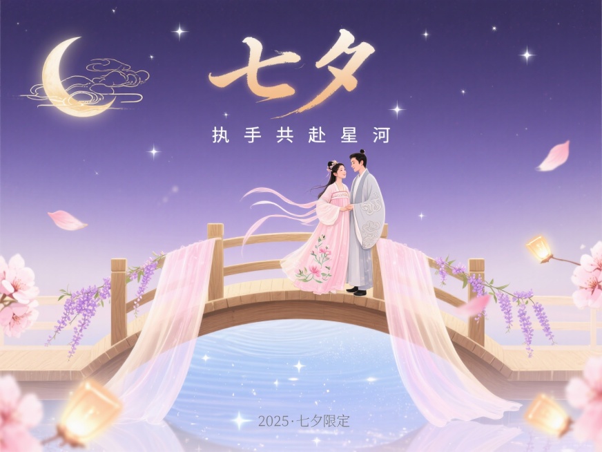 七夕海报关键词口令
 
- 主题风格：温柔梦幻国风，整体色调为淡粉、浅紫、米金，画面带朦胧光晕，营造浪漫缱绻氛围
- 主体元素：画面中央是木质鹊桥，桥身缠绕淡粉色紫藤花藤，桥面铺浅米色纱幔；桥上站一对预览效果