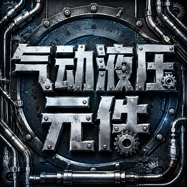 工业风淘宝店铺头像，正方形构图，画面中央醒目展示"气动液压元件"六个大字，字体采用粗犷厚重的工业机械字体，金属质感，带有铆钉和齿轮装饰元素，背景为深灰色金属板纹理，点缀液压管道、齿轮、螺栓等工业元素，整体色调为深蓝灰与金属银搭配，硬朗大气，专业工业风格，高清晰度