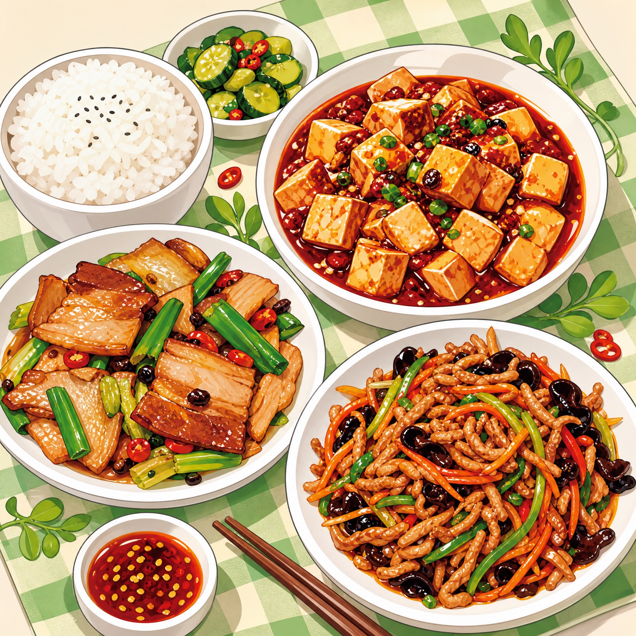 参考图中的手绘插画风格，生成川菜美食插图，画面包含麻婆豆腐、回… - 图片创意预览