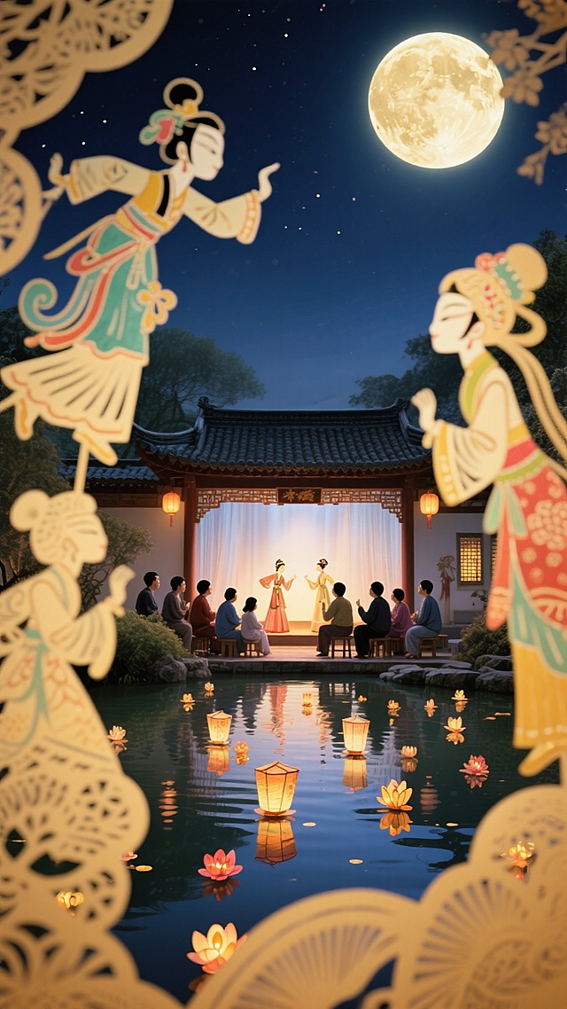 中秋节，庭院里表演着皮影戏，一群人在观看，庭院前面是一片池塘，池塘水面上有很多祈愿小花灯，天上有一轮巨大的圆月 ，月夜喜庆氛围，池塘的画面占比是三分之一。