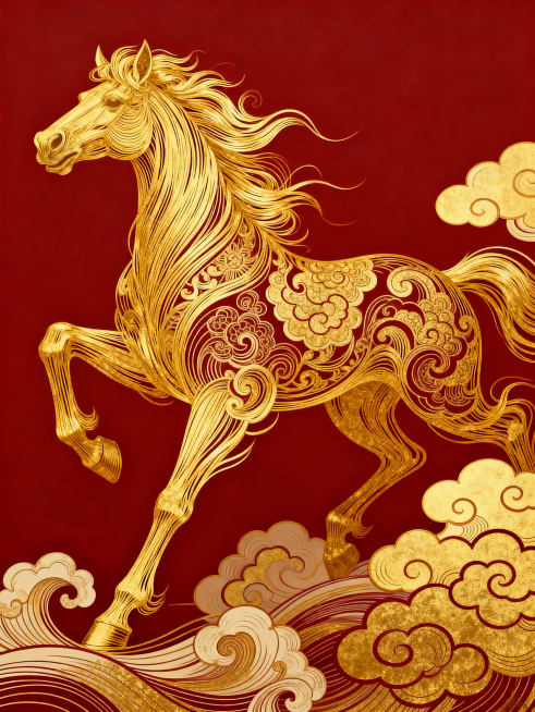主体为金色马形与传统祥云纹结合，延续中国新年元素，背景为酒红色。融合索尔·巴斯的动态线条设计，马形线条带有流动感；James Jean的神话插画风格体现在祥云纹的精细装饰上，整体风格统一且富有叙事性，预览效果