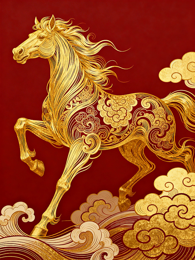 主体为金色马形与传统祥云纹结合，延续中国新年元素，背景为酒红色。融合索尔·巴斯的动态线条设计，马形线条带有流动感；James Jean的神话插画风格体现在祥云纹的精细装饰上，整体风格统一且富有叙事性，