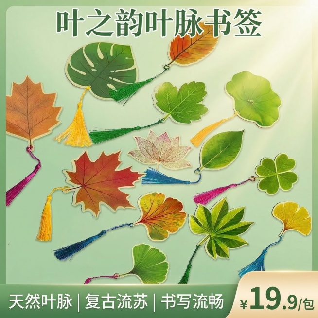 电商主图，清新自然风格，叶之韵叶脉书签，12张/包异形设计，绿色渐变背景，光影柔和，产品居中展示，顶部标题'叶之韵叶脉书签'，底部卖点'天然叶脉 | 复古流苏 | 书写流畅'，右下角价格标签'¥19.预览效果