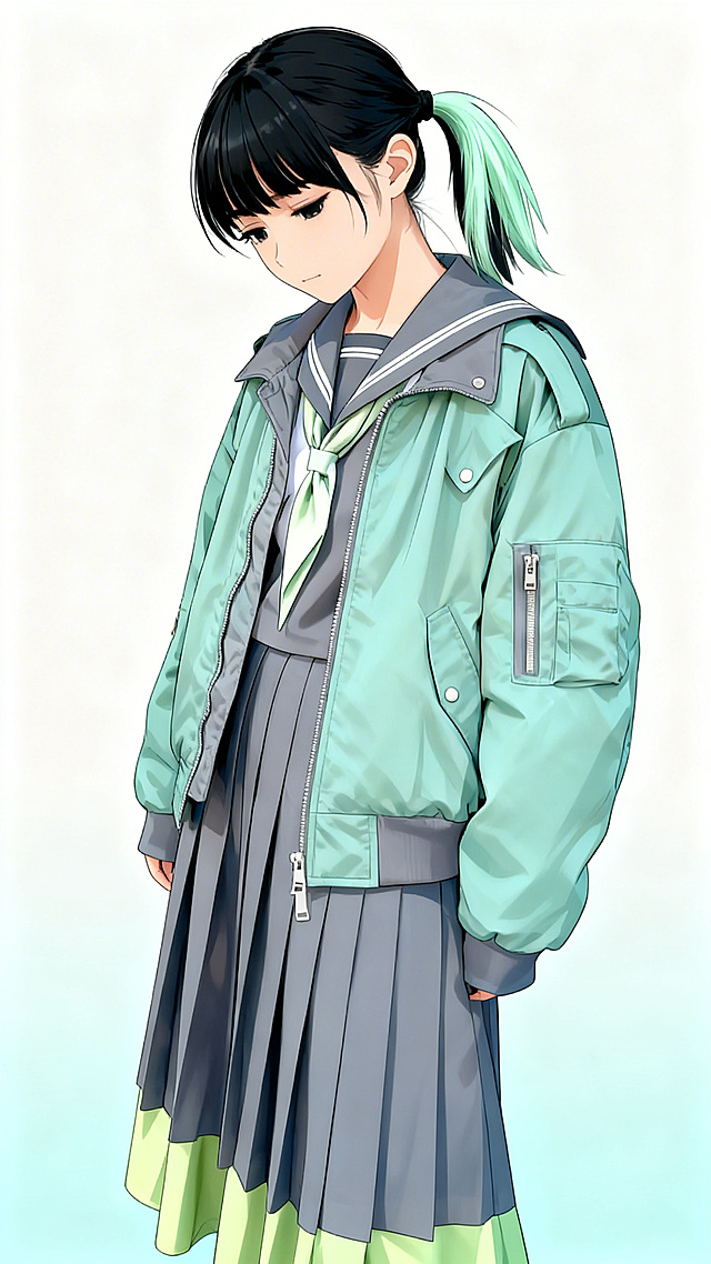 将照片转换为日系动漫风格，保留原人物的黑绿挑染单马尾、垂眼黑眸，以及海燕绿灰色朋克服+日式校服+灰绿双层长裙的穿搭