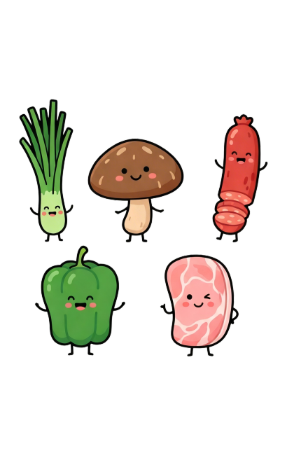 去掉这张图片中的所有水印，保留五个拟人化食材（韭菜，香菇，腊肠，青椒，肉片）保持卡通可爱风格不变，保留透明的棋盘格背景，不要改变原图的构图和形象，只移除水印文字预览效果