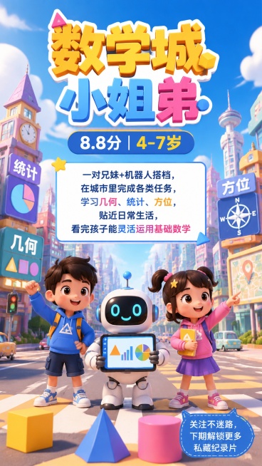 内容种草海报，卡通风格，卡通城市场景作为底图，主角是一对兄妹和一个机器人搭档，画面清晰，层级分明。包含文字：主标题"数学城小姐弟"，副标题"8.8分｜4-7岁"，正文文字"一对兄妹+机器人搭档，在城市预览效果