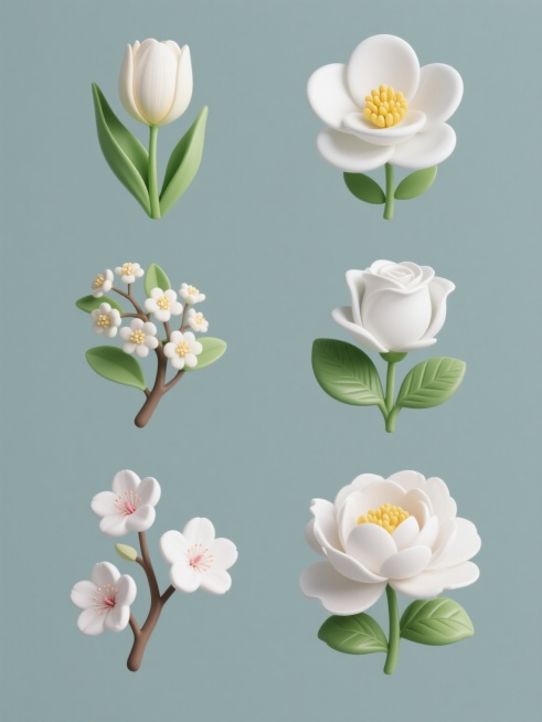 简约现代风格花卉素材集合，六张规整排布的花卉图案，每张图案为单一花朵造型，包含郁金香、桂花、玫瑰花、白玉兰、樱花、芍药，花朵采用3D立体设计，白色花瓣，黄色花蕊，绿色叶子，具有细腻的纹理和光影效果，纯色背景，整体构图简洁，视觉层次分明，设计感强。预览效果