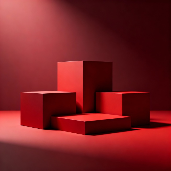 3D渲染，极简主义构图，多个不同大小的红色立方体和长方体堆叠组合，统一哑光红色材质，表面光滑无纹理，微妙光影过渡，背景为从底部到顶部由深至浅的渐变深红色，光源来自画面左上方，几何体上形成清晰柔和的阴影，整体简洁、现代、宁静且富有层次感，色调统一为不同明度的红色系，无其他色彩干扰，空间感强，物体边缘锐利分明，光感细腻，展现纯粹的几何美学和高级的色彩和谐。预览效果